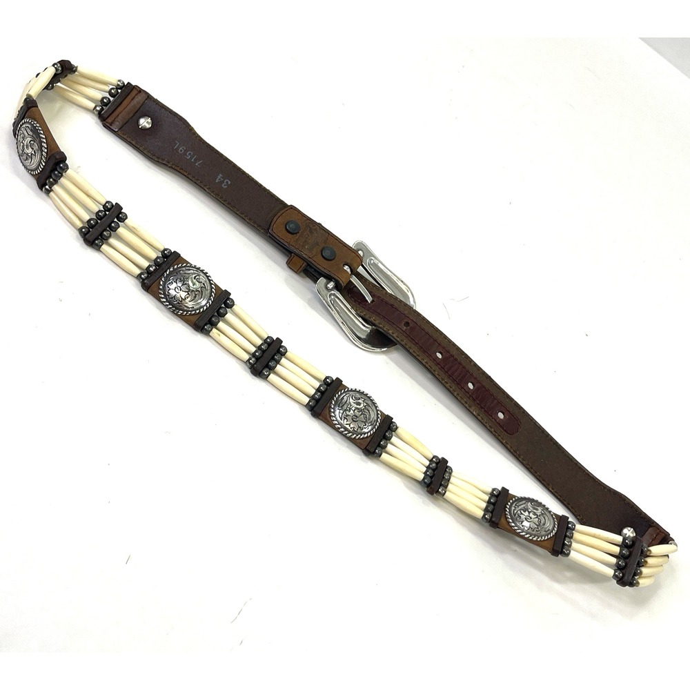 Tony Lama Vintage Concho Bone Beaded Brown Leather Native Western Belt 34